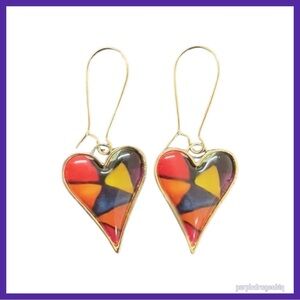 Bohemian Colorful Mosaic Golden Heart Earrings